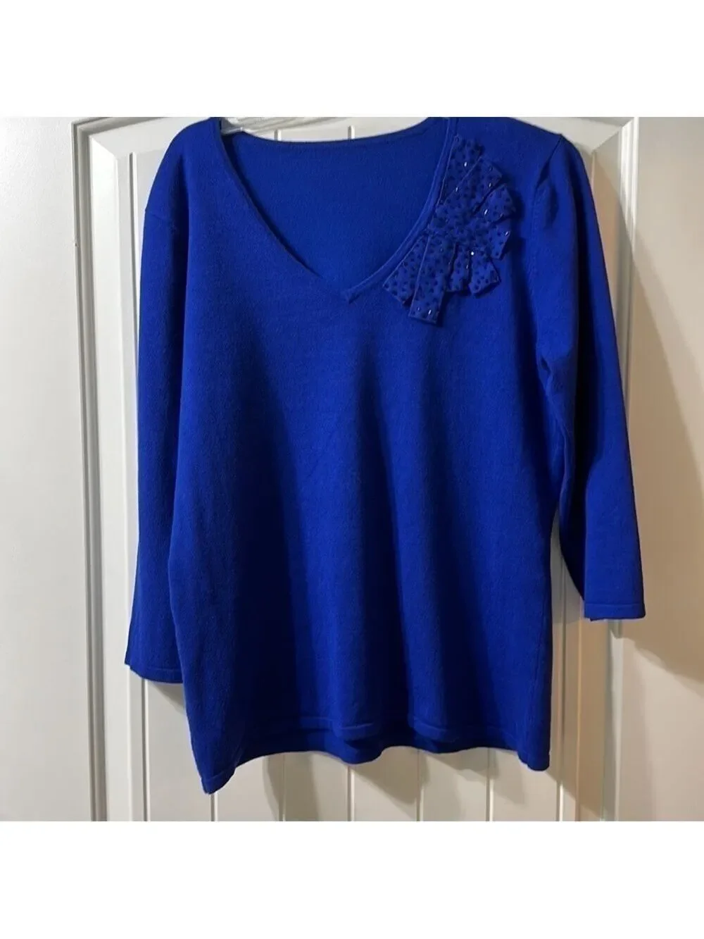 Blue Scooped V neck 3/4 Sleeve Sweater Beaded appliqué type design front left